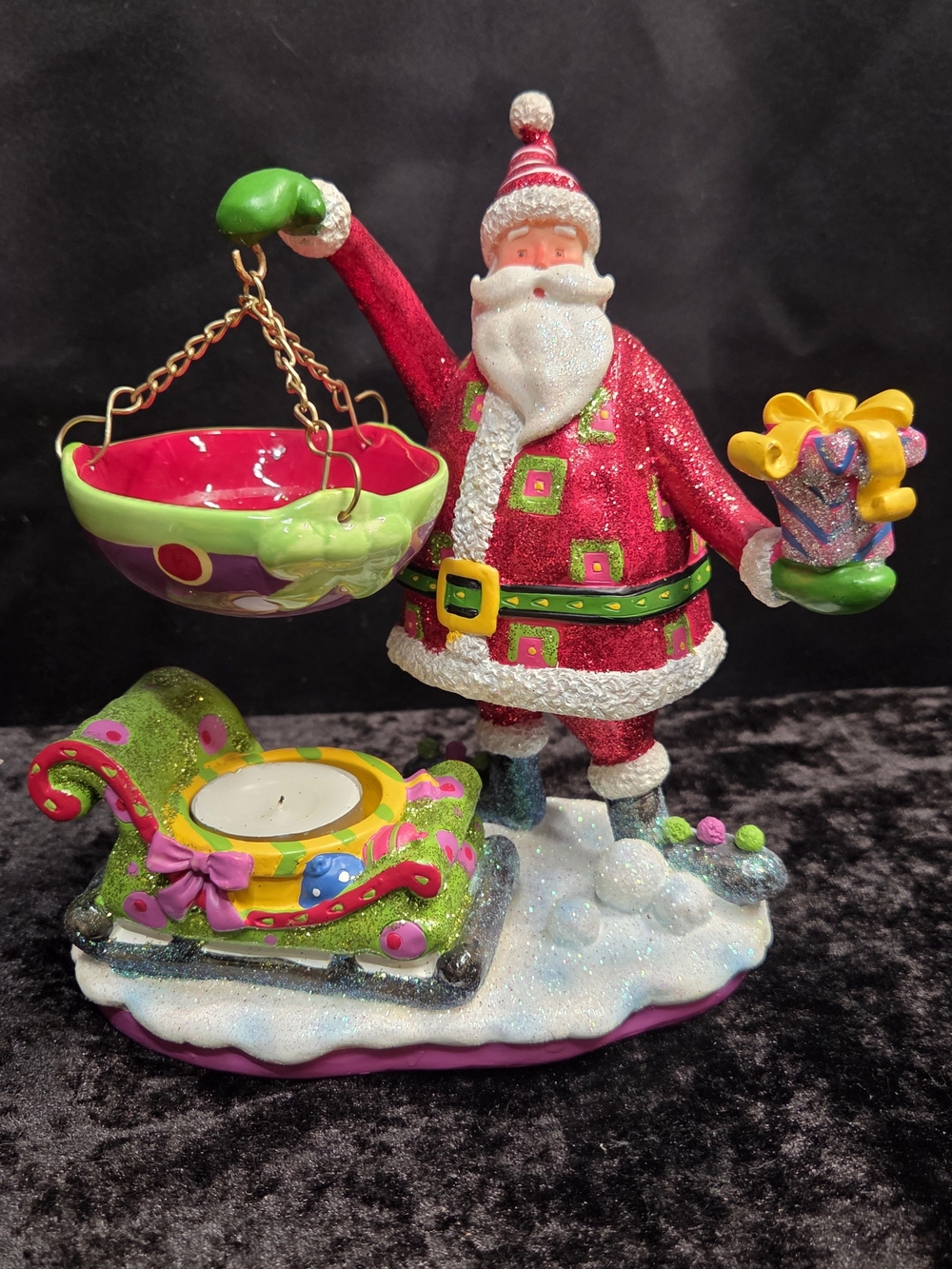 HOME INTERIORS Glitter Santa with Sled Christmas Tea Light Wax Warmer Figurine